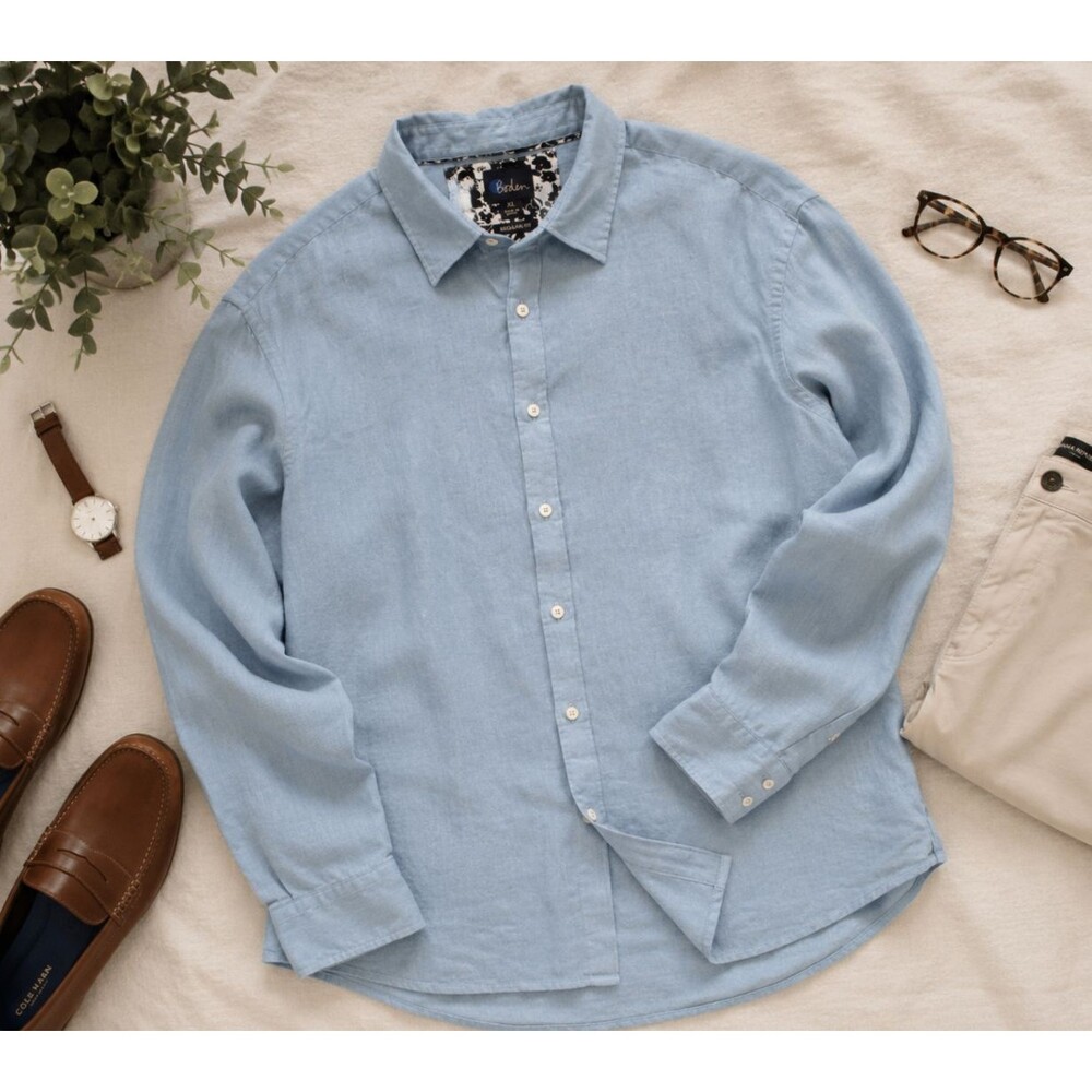 Boden Men's XL Blue Linen Flax Button Front Long Sleeve Shirt Regular Fit
